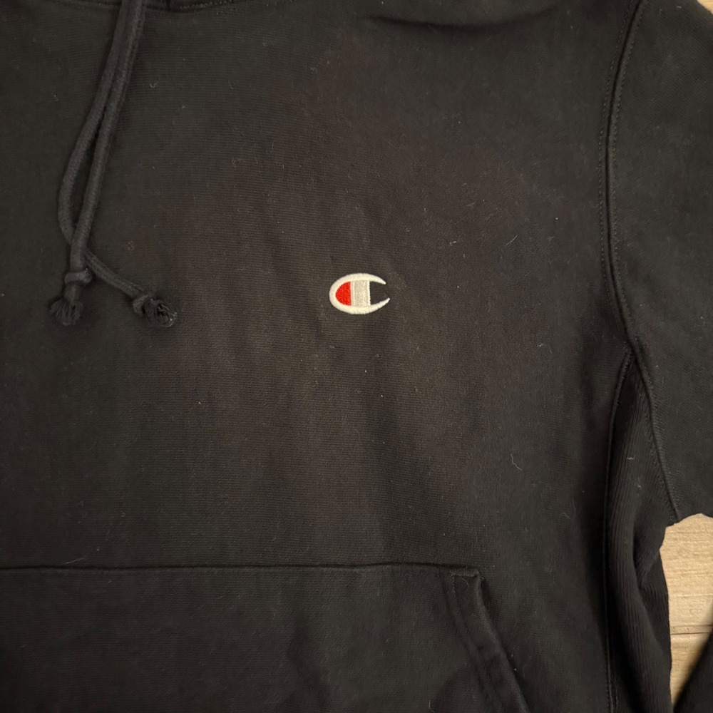 Champion Reverse Weave Hoodie Black Heavyweight Sweatshirt Small S Logo - Picture 4 of 6